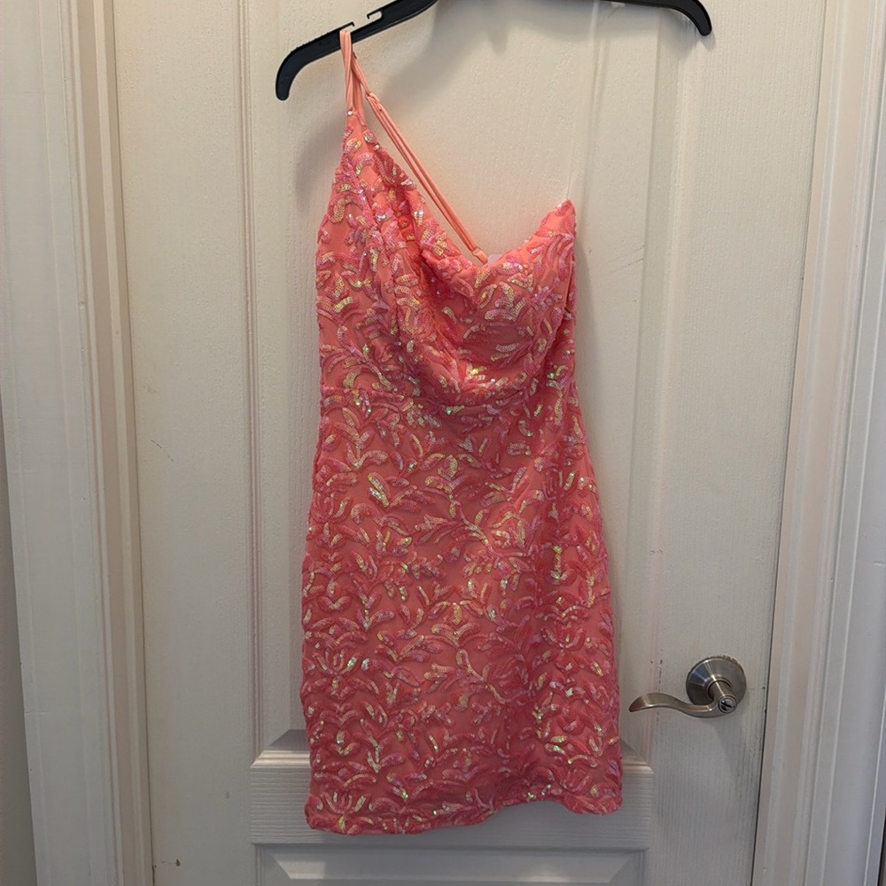 Coral/ peach sequin cocktail dress
